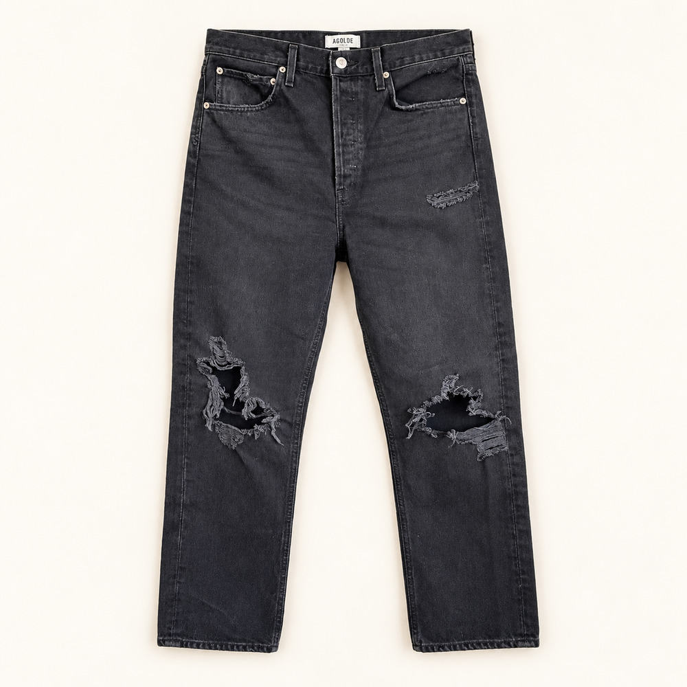 AGOLDE 90s Jean 27 Washed Black Distressed Straight Leg Button Fly USA CotAgolde